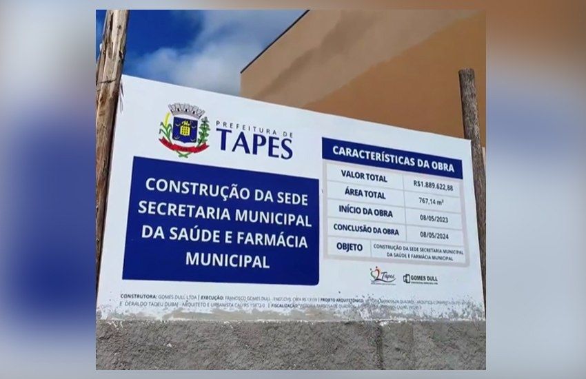 Construção da nova sede da Secretaria da Saúde e da Farmácia Municipal segue avançando em Tapes 